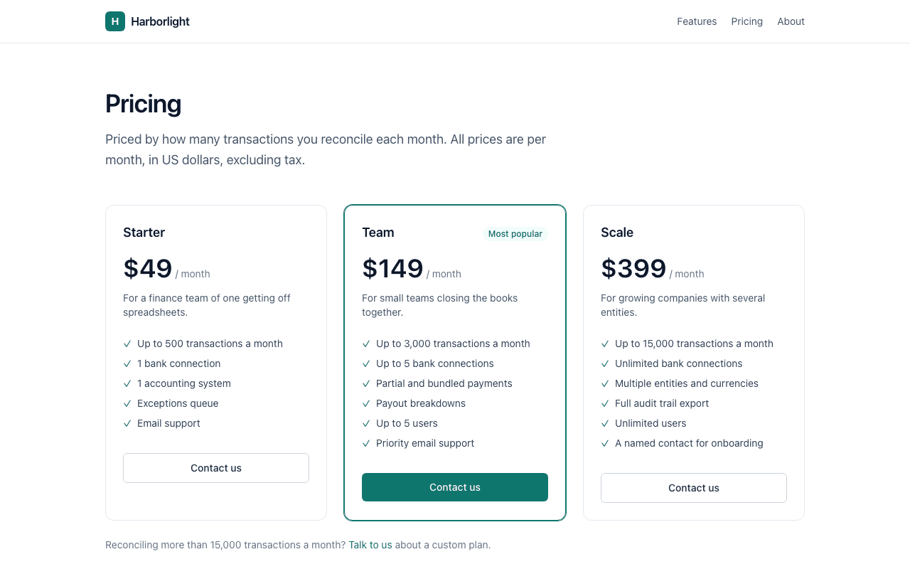 Harborlight pricing page: three plans, each with a Contact us button